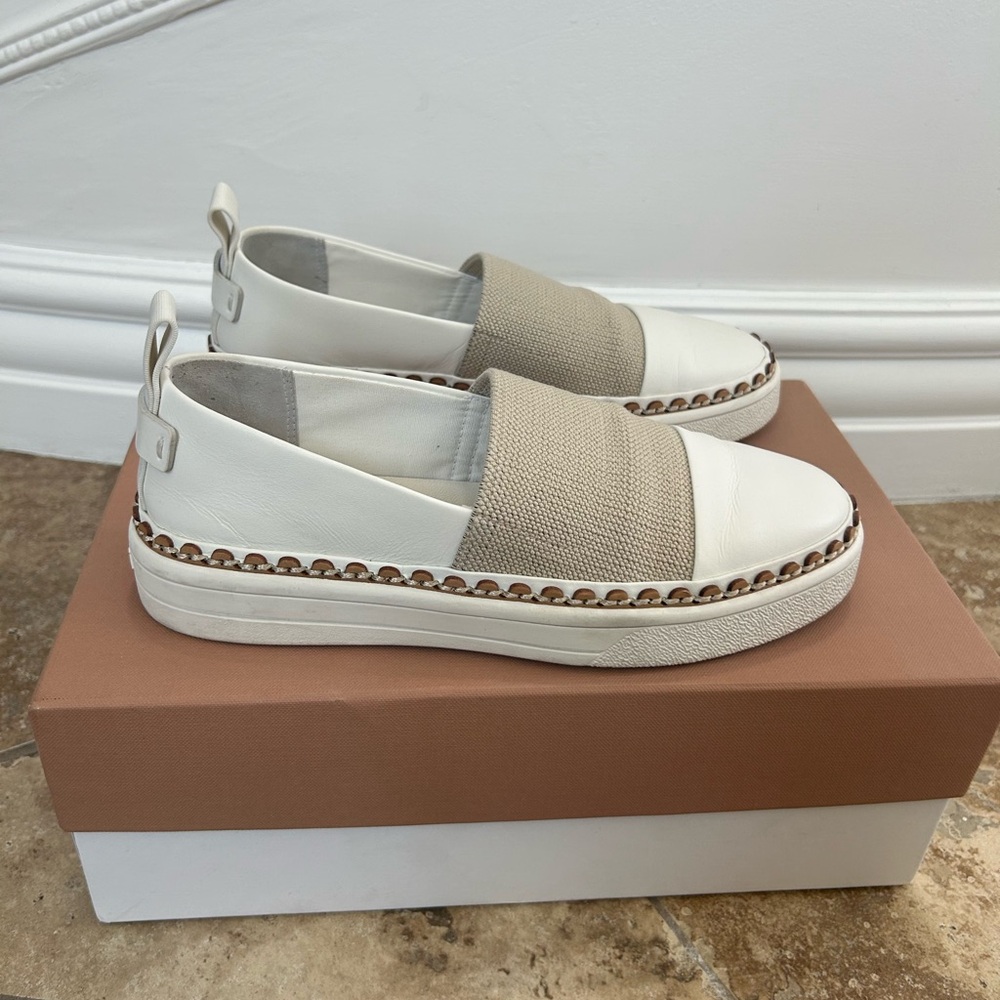 Stylish Via Spiga White and Tan Women's Slip-On Shoes